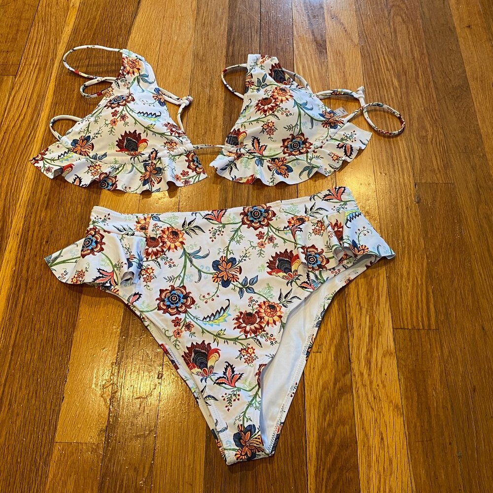 Floral High Waist Ruffle Bikini Size XL NWOT